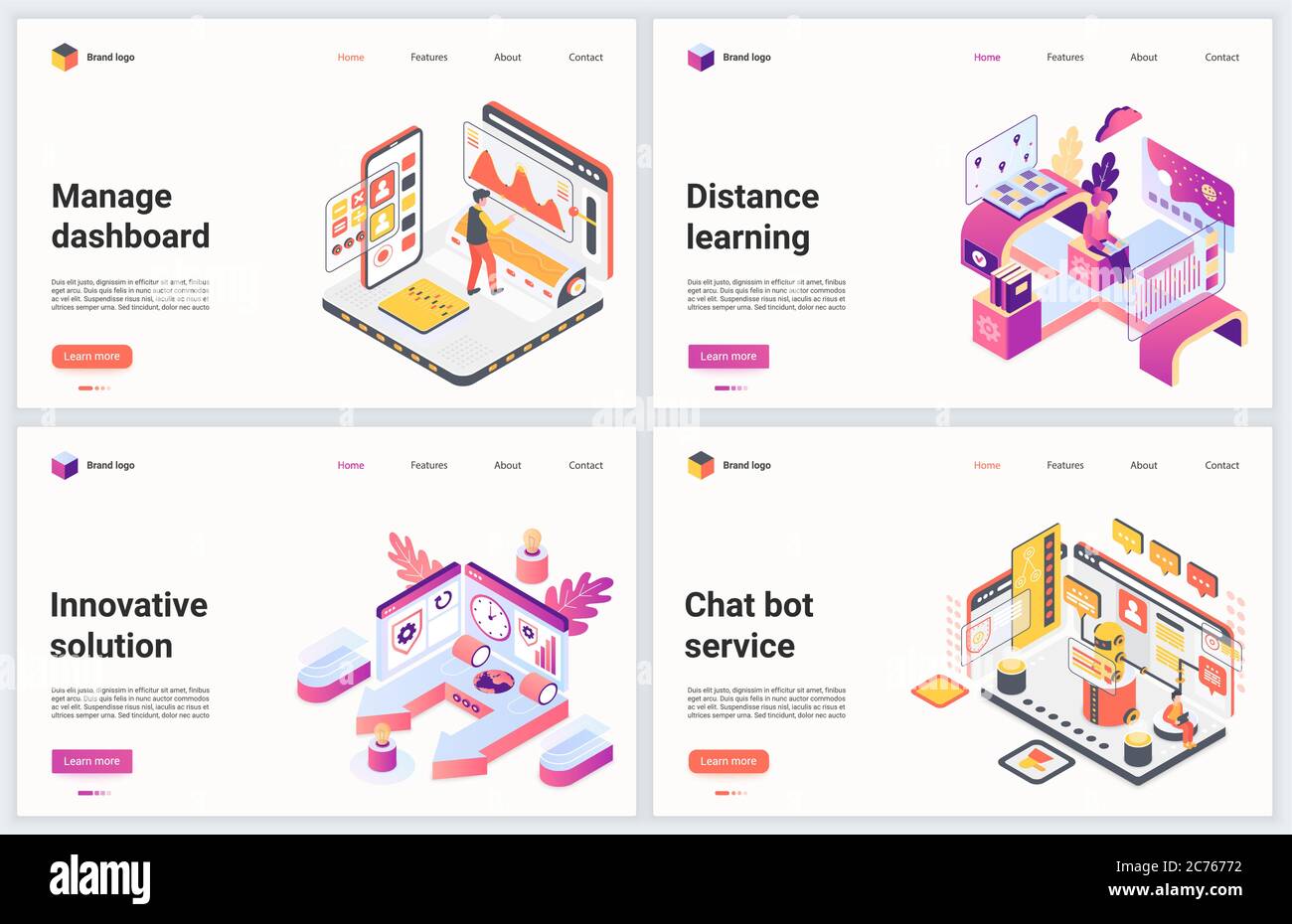 Isometrische innovative Management-Technologie Vektordarstellung. Kreatives Konzept Banner-Set, Interface-Webseitendesign mit Cartoon 3d moderne Erfolg Business-Innovation für effektive Manager-Arbeit Stock Vektor