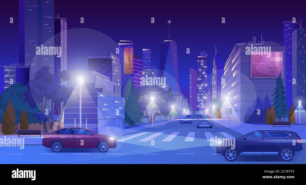 City Downtown bei Nacht Vektorgrafik. Cartoon flach modern blau futuristische Stadtlandschaft mit Wolkenkratzern in leuchtenden Neonlicht, Autos auf beleuchteten Straße, Nachtleben Stadt Landschaft Hintergrund Stock Vektor
