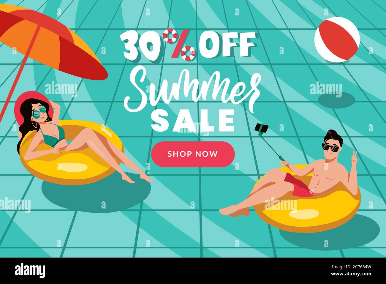 Mann und Frau schwimmen auf aufblasbaren gelben Ringen im Schwimmbad. Flache Cartoon Vektor-Zeichen Illustration. Sommer Verkauf Banner Design Vorlage. Seaso Stock Vektor