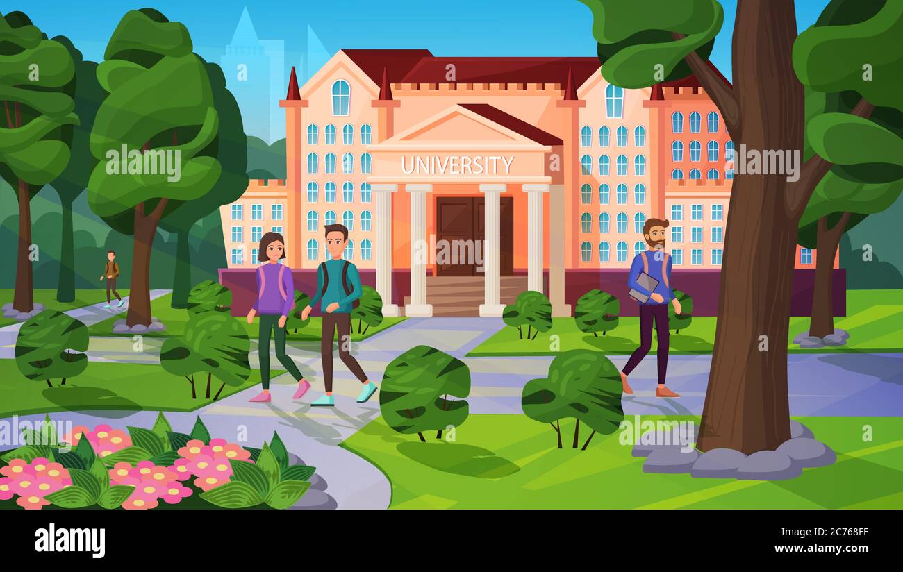 Universitätslandschaft mit Menschen Vektor Illustration. Cartoon Wohnung akademische Studenten Figuren zu Fuß auf der Straße in grünen Park oder Garten in der Nähe von Universität Campus Gebäude, Sommer Stadtbild Hintergrund Stock Vektor