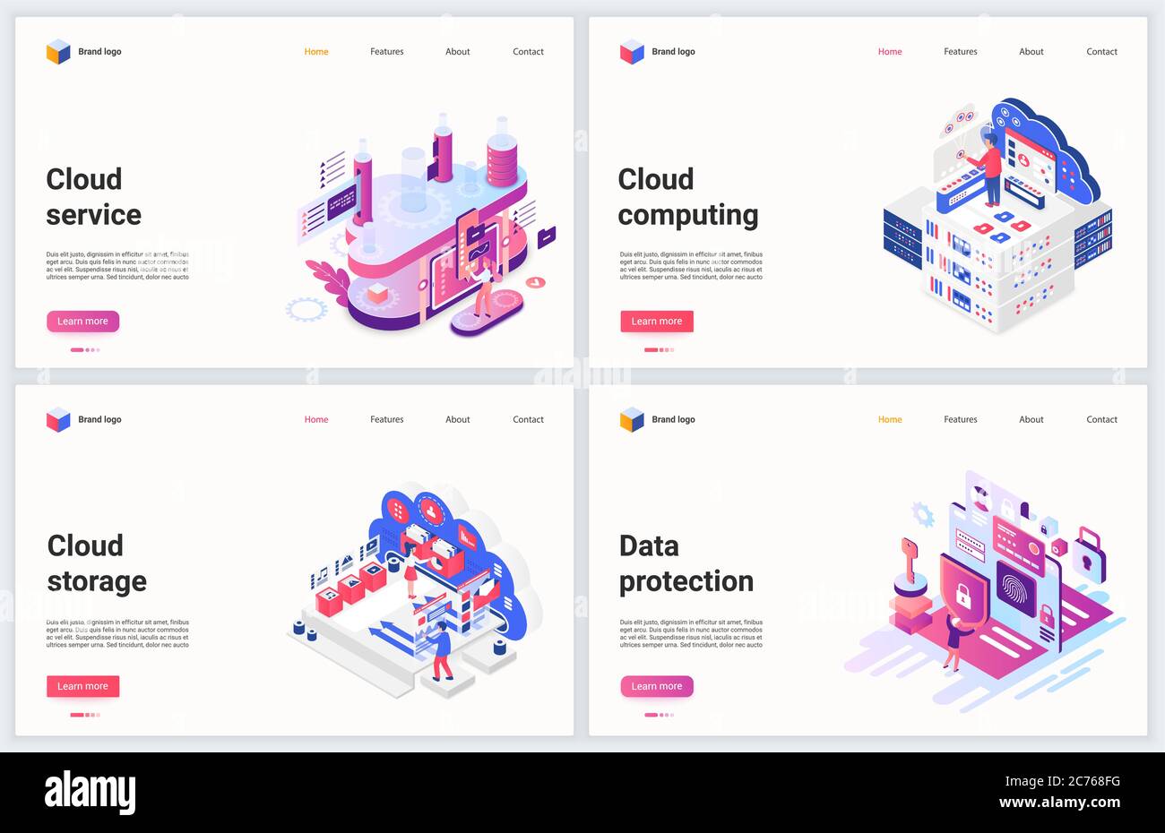 Isometrische Cloud-Datenspeichertechnologie Vektordarstellung. Kreatives Konzept Banner-Set, Interface-Website-Design mit Cartoon 3d moderne Datenbank-Service zum Speichern und Hochladen von Datei-Informationen Stock Vektor