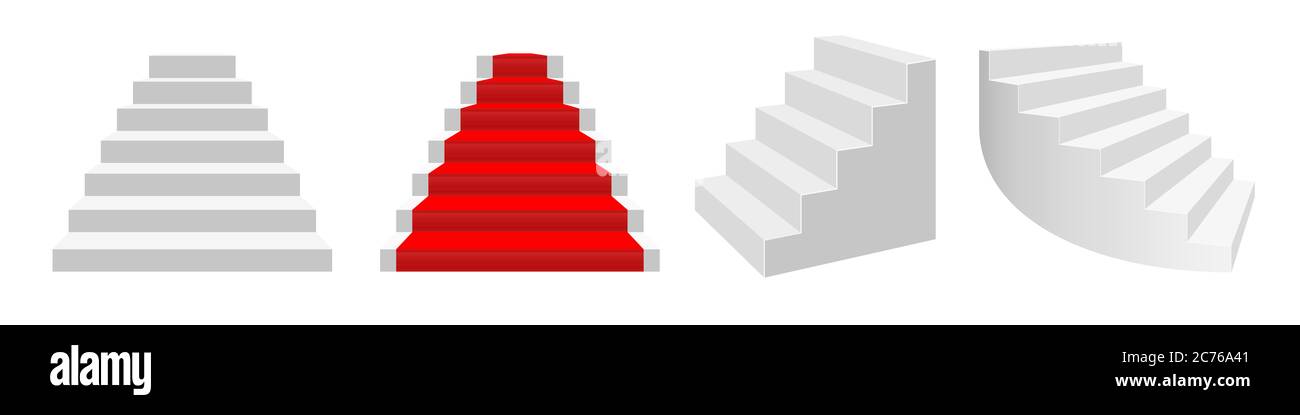 Realistische 3D-Treppen. Vorderansicht, Vorderansicht mit rotem Teppich, halb-drehende weiße Treppe, gebogene Treppe. Stockfoto