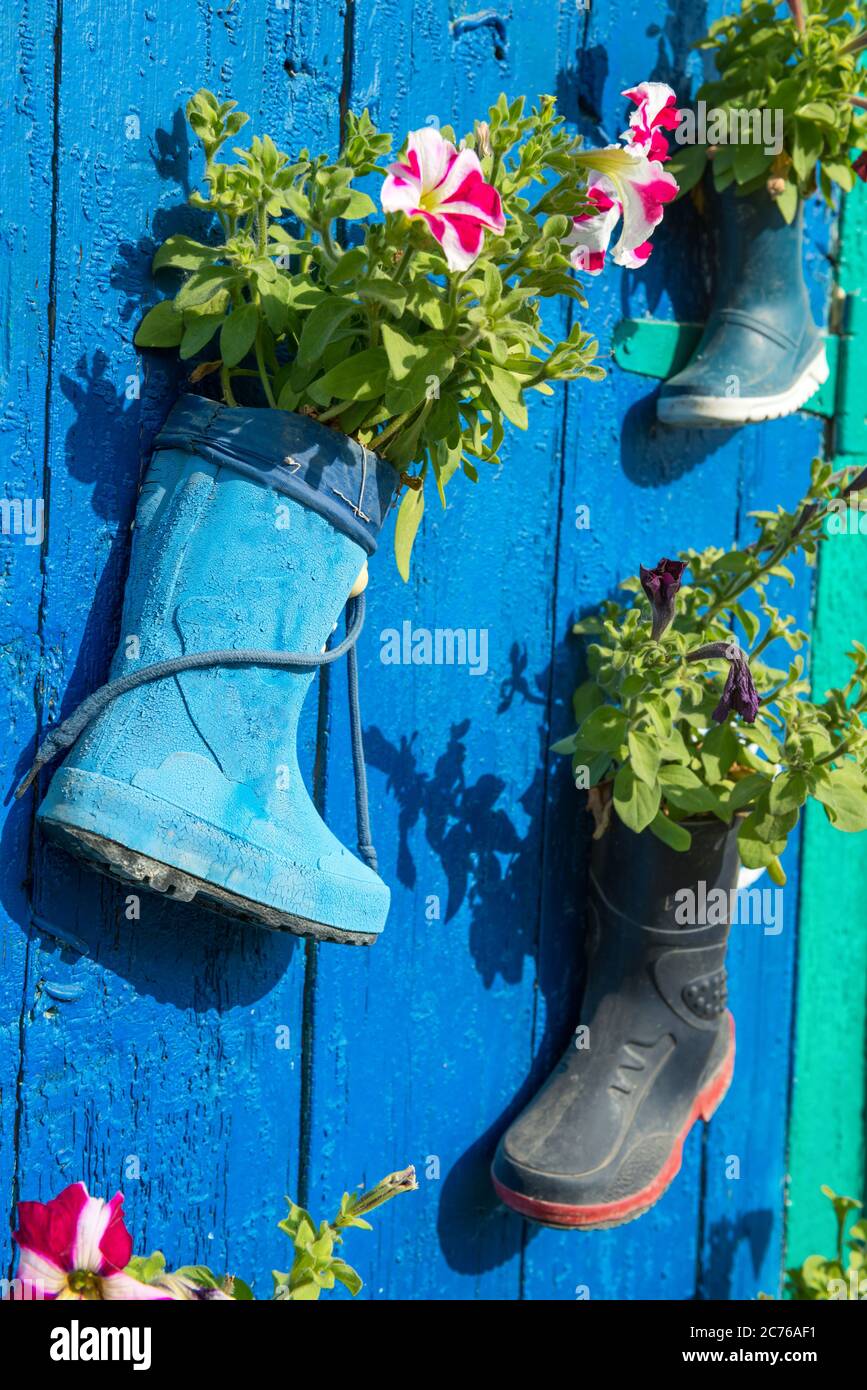 Alte Kinder Gummistiefel mit blühenden Sommerblumen an der Eingangstür eines Hauses Stockfoto