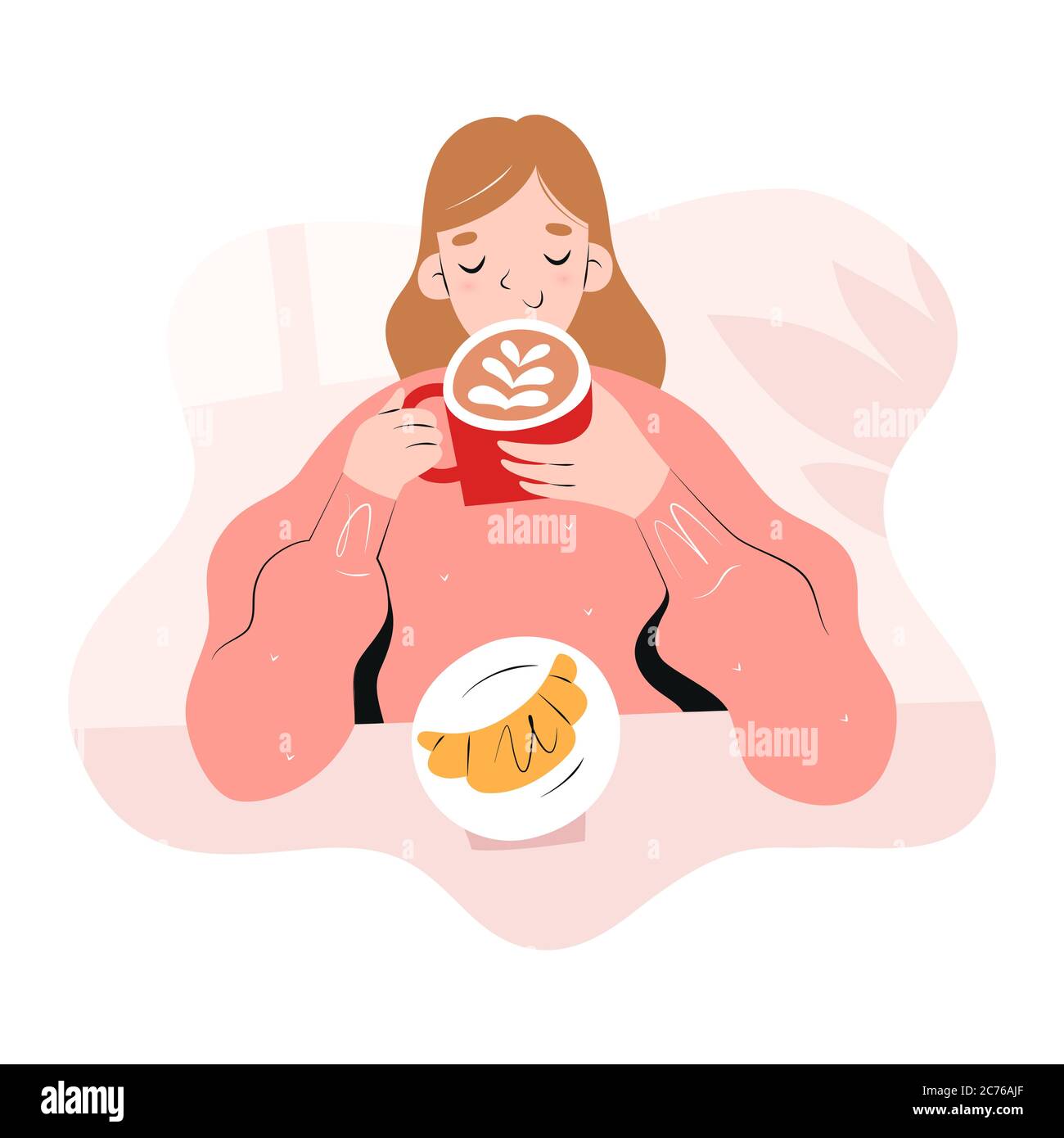 Mädchen trinkt Kaffee in Café oder Cafeteria, Frau genießt ihren Cappuccino trinken in roten Becher, junge Frau hält ihre Tasse sitzen am Café-Tisch Stock Vektor
