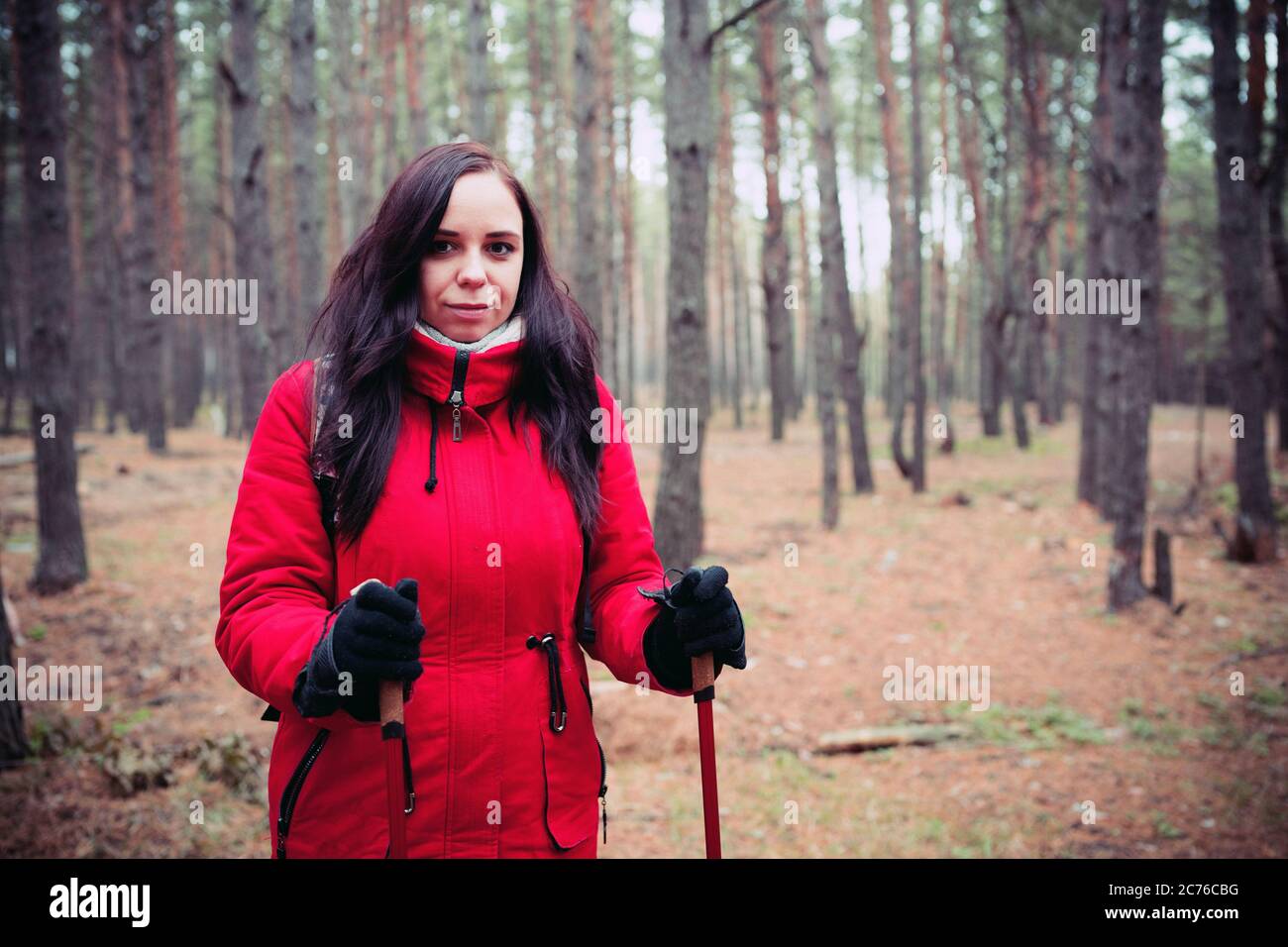 Eine hübsche junge Frau engagiert sich im Nordic Walking im Wald. Stockfoto
