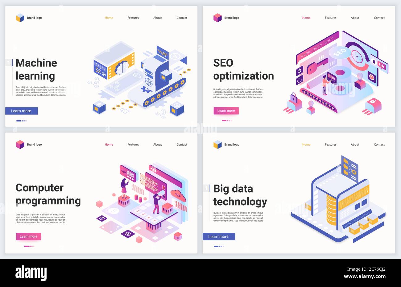 Isometrische Datenanalyse Technologie Vektor Illustration. Kreatives Konzept Banner-Set, Interface-Website-Design, Cartoon 3d Forschung Analytics-Service, Programmierung, Entwicklung und Datenbank-Optimierung Stock Vektor