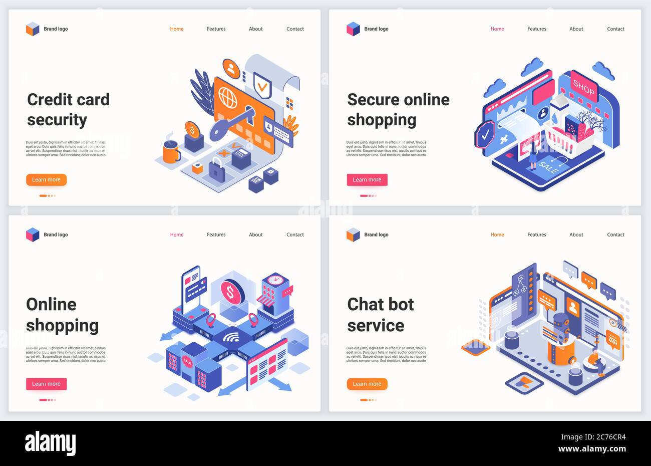 Isometrische Online-Shopping-Technologie Vektor-Illustration. Kreatives Konzept Banner-Set, Interface Webseitendesign mit Cartoon 3d moderner Security-Kundenservice und Chat-Support für Online-Shops Stock Vektor