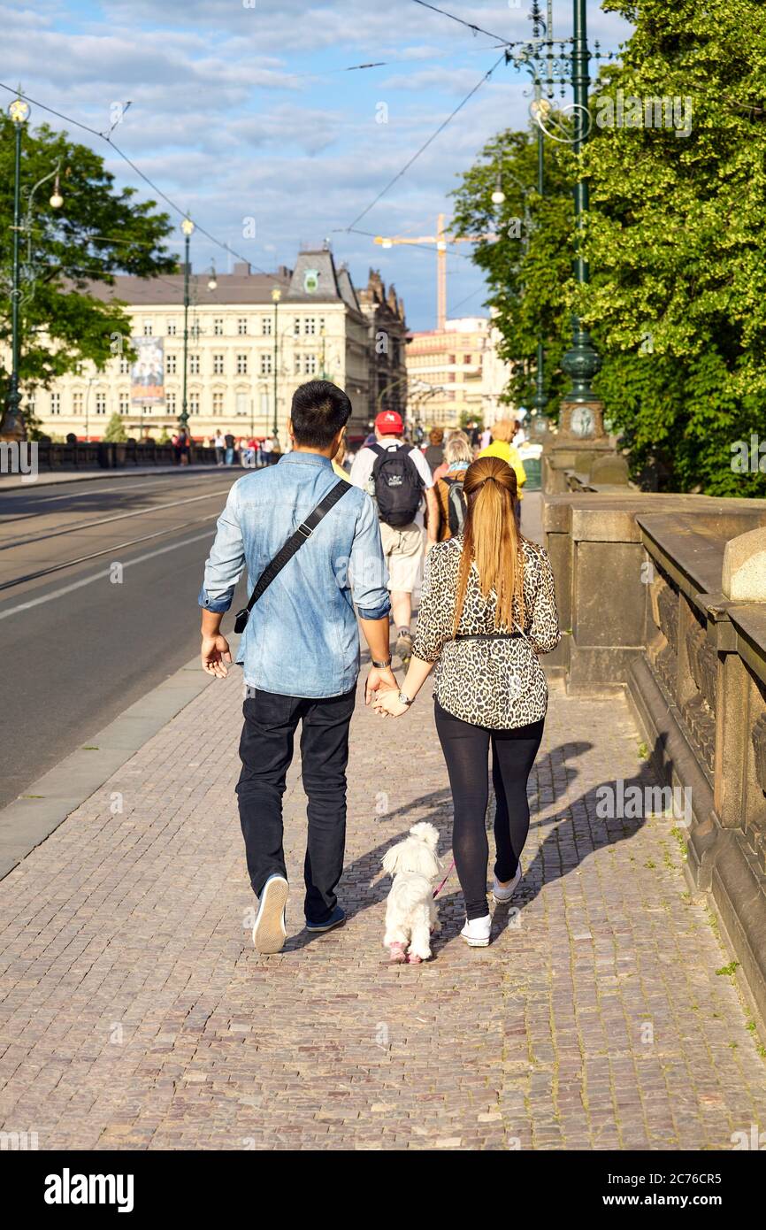 Prag, Tschechische Republik - 12. Juni 2014: Paar geht kleiner weißer Hund auf einer Straße von Prag. Stockfoto