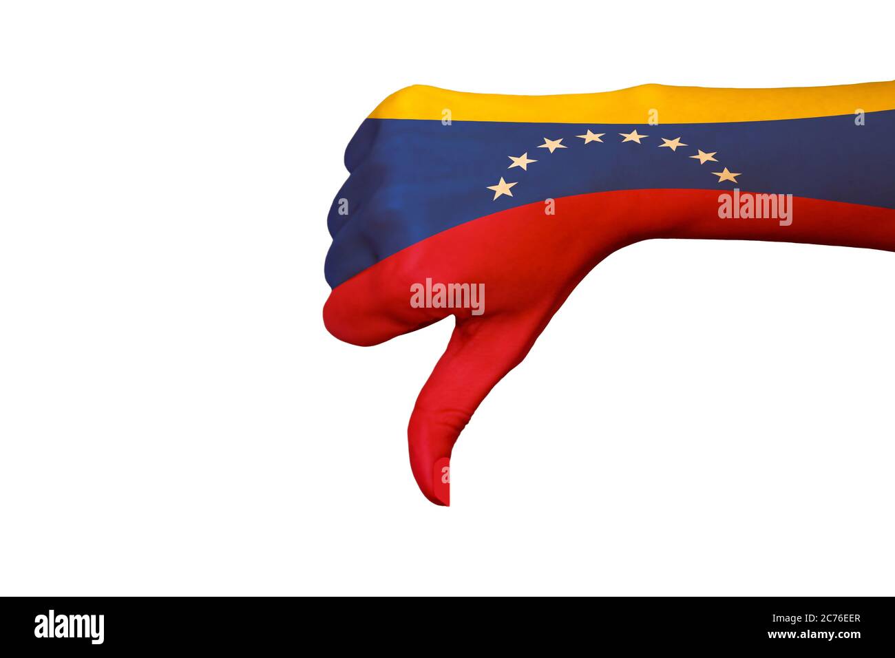 Venezolanische Flagge zeigt Daumen nach unten auf weißem isolierten Hintergrund Stockfoto