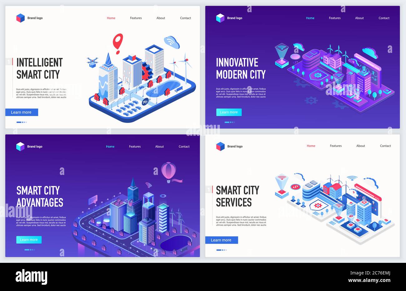 Isometrische Smart City iot Technologie Vektor Illustration. Kreatives modernes Konzept Bannerset, Website-Design mit Cartoon 3d Karte der Stadtlandschaft mit Cyber-Infrastruktur, künstliche Intelligenz Kontrolle Stock Vektor