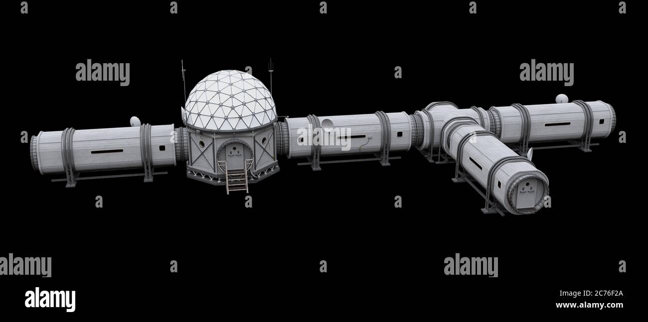 Forschung, Lebensraum für Astronauten auf dem Mars oder Mond isoliert auf schwarzem Hintergrund Stockfoto