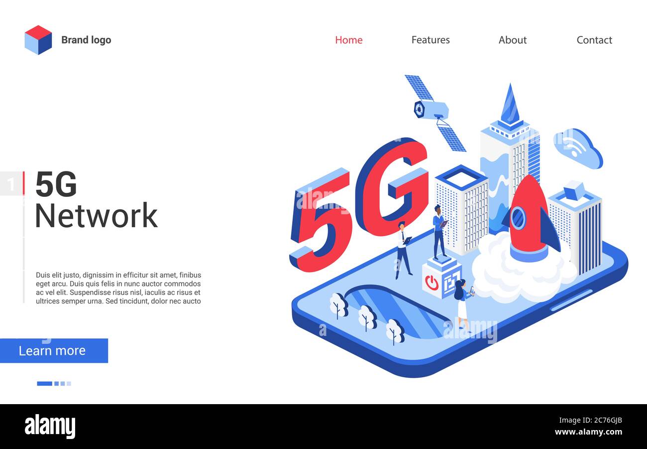 Isometrische 5G Telecom Netztechnologie Vektor-Illustration. Kreative moderne Konzept Banner, Website-Design mit Cartoon 3d-Tech globales Netzwerk von High-Speed-Innovation Telekommunikation in Smart City Stock Vektor