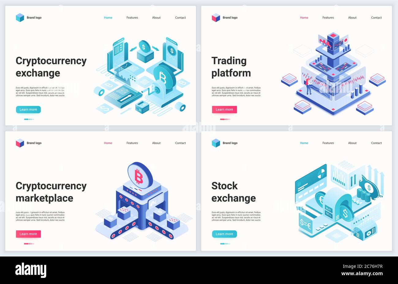 Isometrische Kryptowährung Blockchain-Technologie Vektor Illustration. Kreatives Konzept Banner-Set, Website-Design mit Cartoon 3d-Handelsplattform Dienstleistungen für Austausch und Verkauf Bitcoin Krypto Währung Stock Vektor