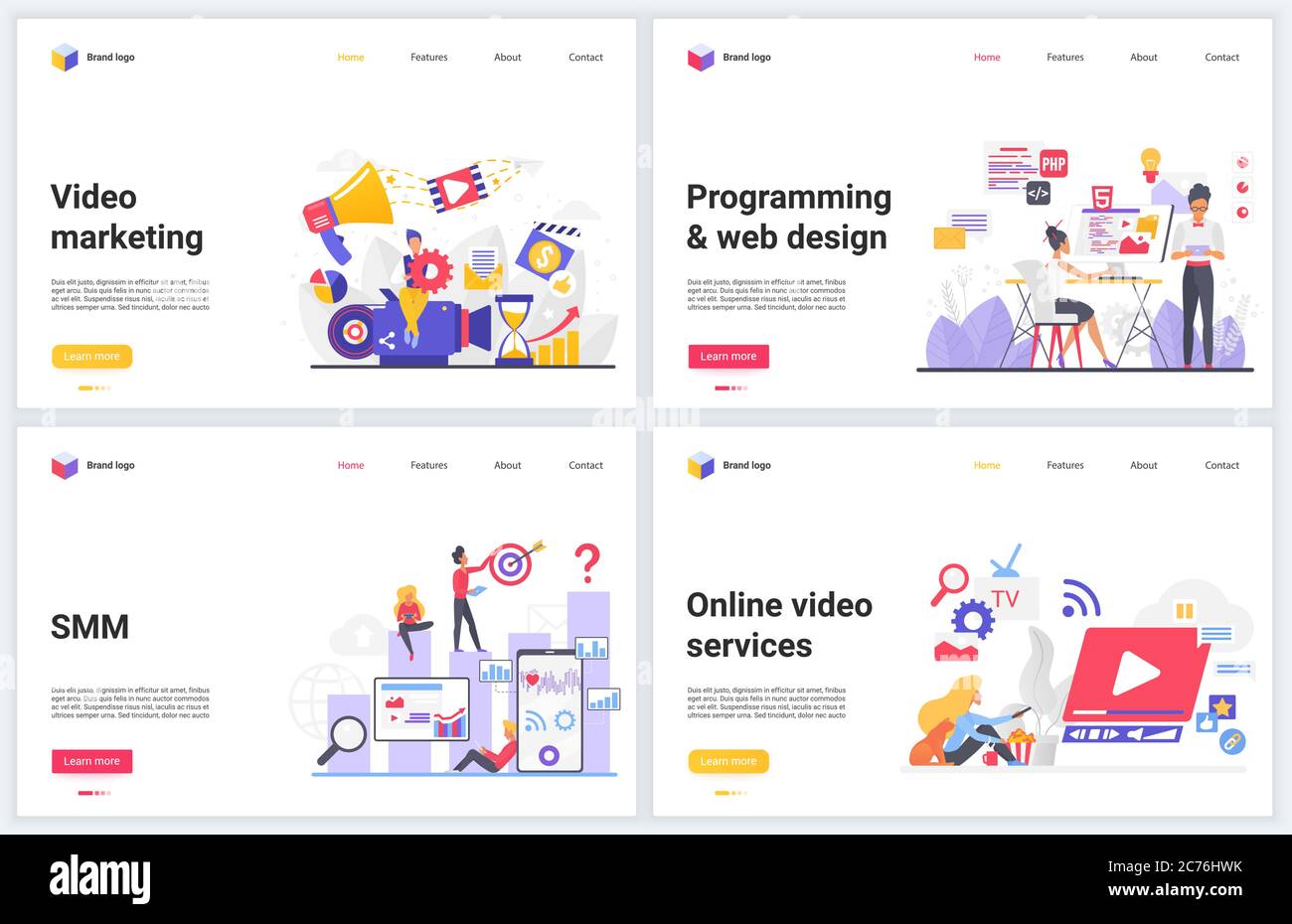 Online Web Services Technologie Vektor Illustrationen. Kreatives Konzept Interface Website-Design, Banner mit flachen Cartoon Social Media Marketing, Programmierung, Blogging und Video-Blog-Content-Promotion Stock Vektor