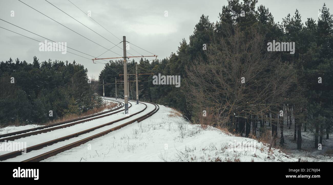 Bahngleise in der Wintersaison. Schöne Landschaft der Landschaft. Schienenweg durch Wald gelegt. Stockfoto