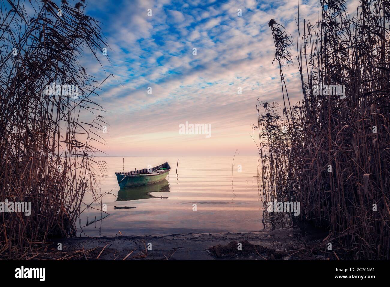 Kleines Fischerboot auf einem See mit Rohrkrüsselvegetation am Ufer Stockfoto