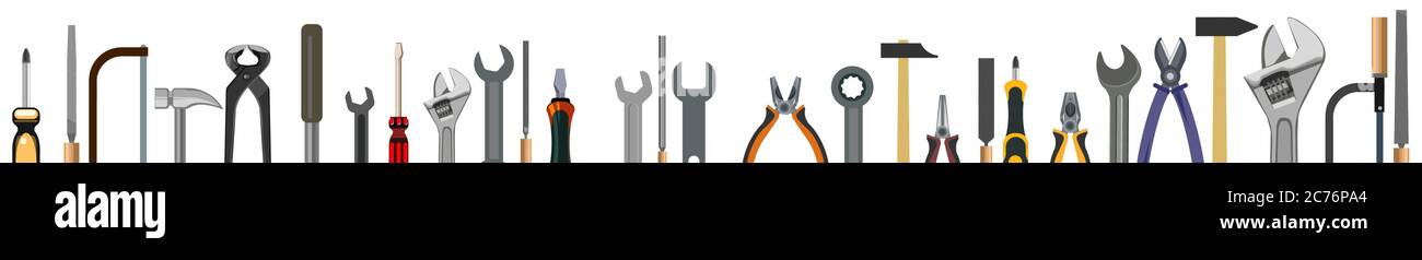 Werkzeuge. Setzen. Der Hintergrund ist horizontal. Niedriger. Schraubendreher, Hämmer, Schraubenschlüssel, Sägen, Zangen, Rollen, Bürsten, Feilen. Sammlung. Werkzeuge Zimmermann, Stock Vektor