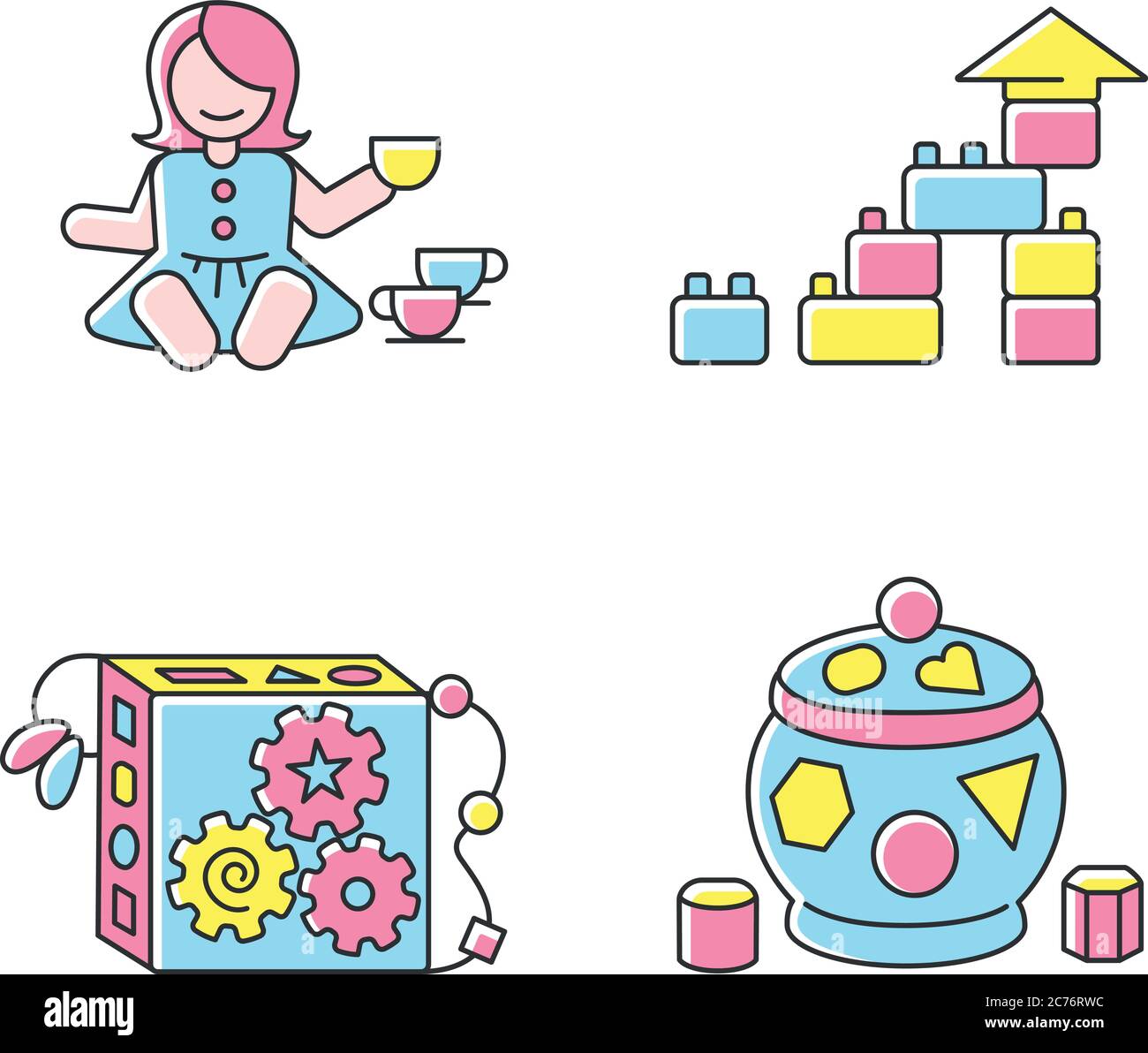 Sensorische Spielzeuge für Kleinkinder RGB-Farbsymbole Set. Baby Puppe mit Tee-Set. Pädagogisches Spielzeug für Kinder frühe Entwicklung. Kinder Unterhaltung und Aktivität Stock Vektor