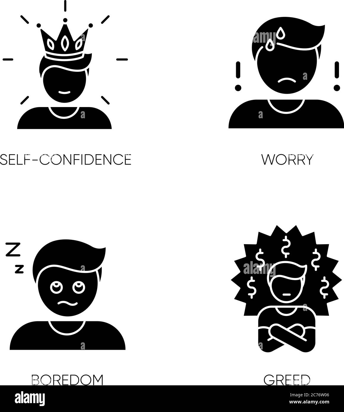 Negative Gefühle und schlechte Eigenschaften schwarze Glyphen-Symbole auf  weißem Raum gesetzt. Menschliche Emotionen, persönliche Gefühle Silhouette  Symbole. Selbstvertrauen, Sorge, b Stock-Vektorgrafik - Alamy
