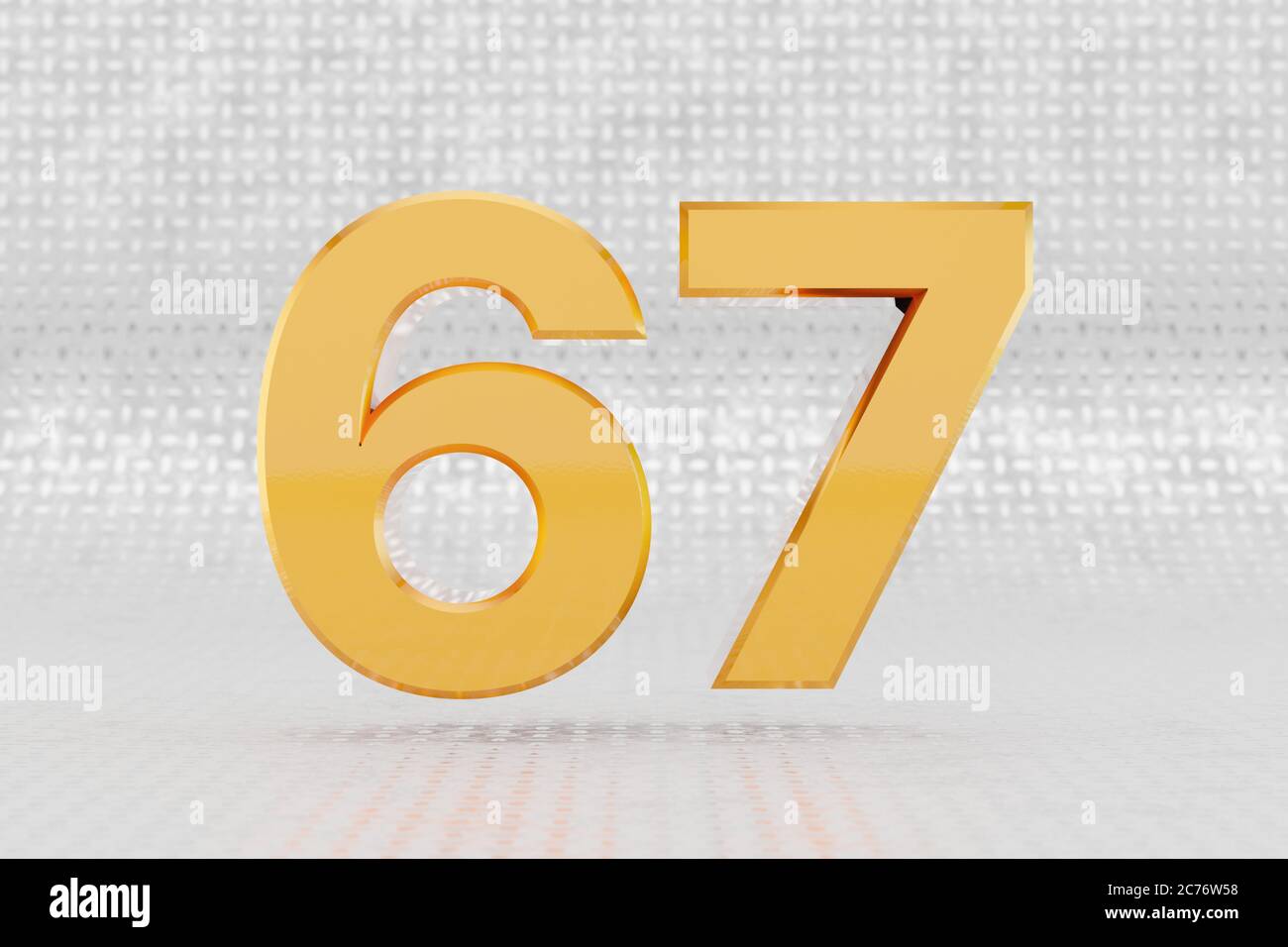 Gelbe 3d-Zahl 67. Glänzend gelbe metallische Zahl auf Metall Boden Hintergrund. Glänzendes Gold Metall Alphabet mit Studio Licht Reflexionen. 3d-gerendertes Schriftartzeichen. Stockfoto