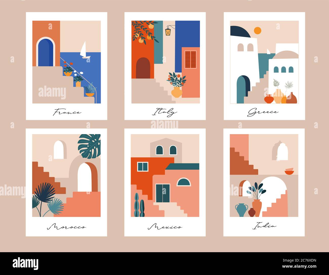 Abstrakte Orte, Dörfer, kleine Straßen, alte Städte in Marokko, Mexiko, Griechenland und Italien in Pastellfarben. Vektorgrafiken und Design Stock Vektor