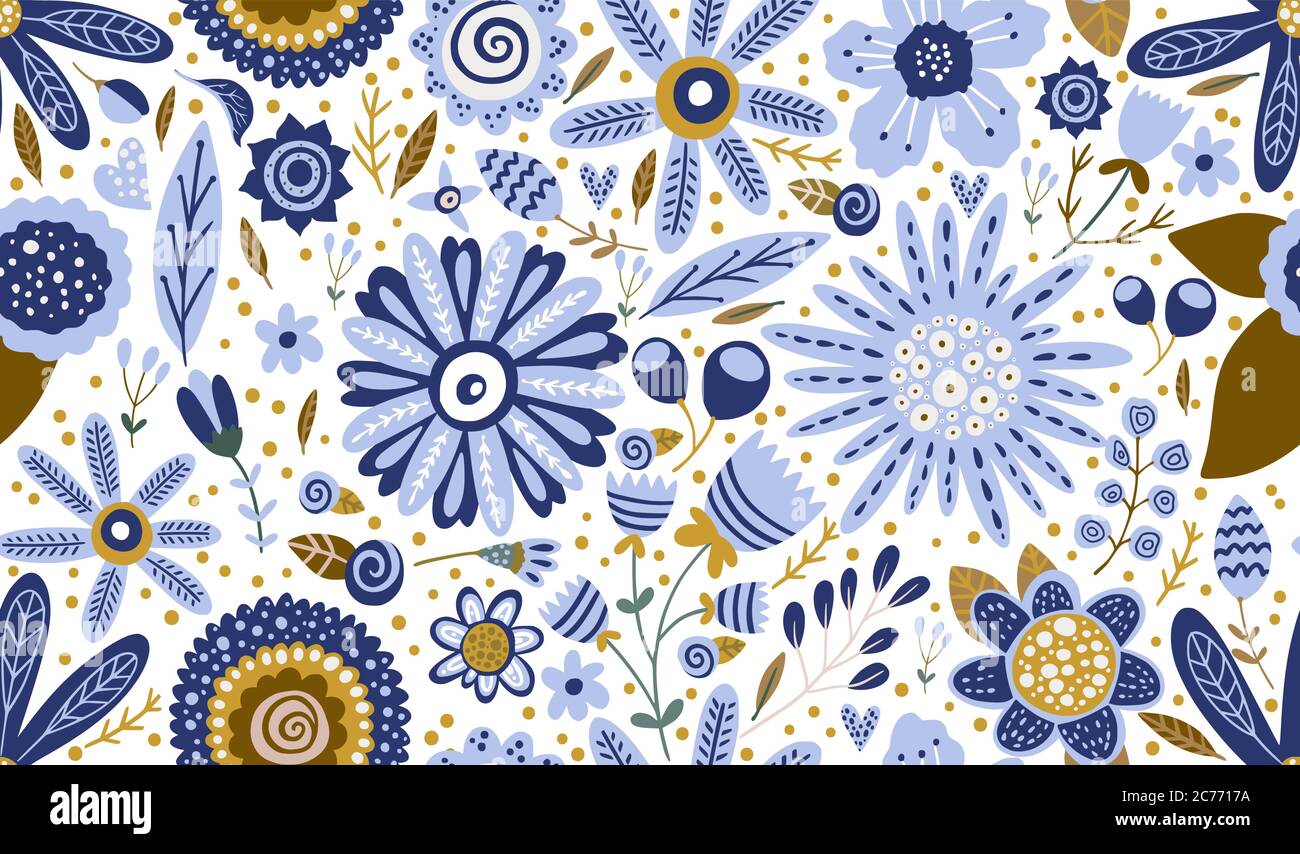 Florale Verzierung nahtlose Cartoon-Muster. Sommer Vektor Vintage Hintergrund. Strukturierte Blume Sommer Illustration. Dekorative botanische Zeichnung. Stock Vektor