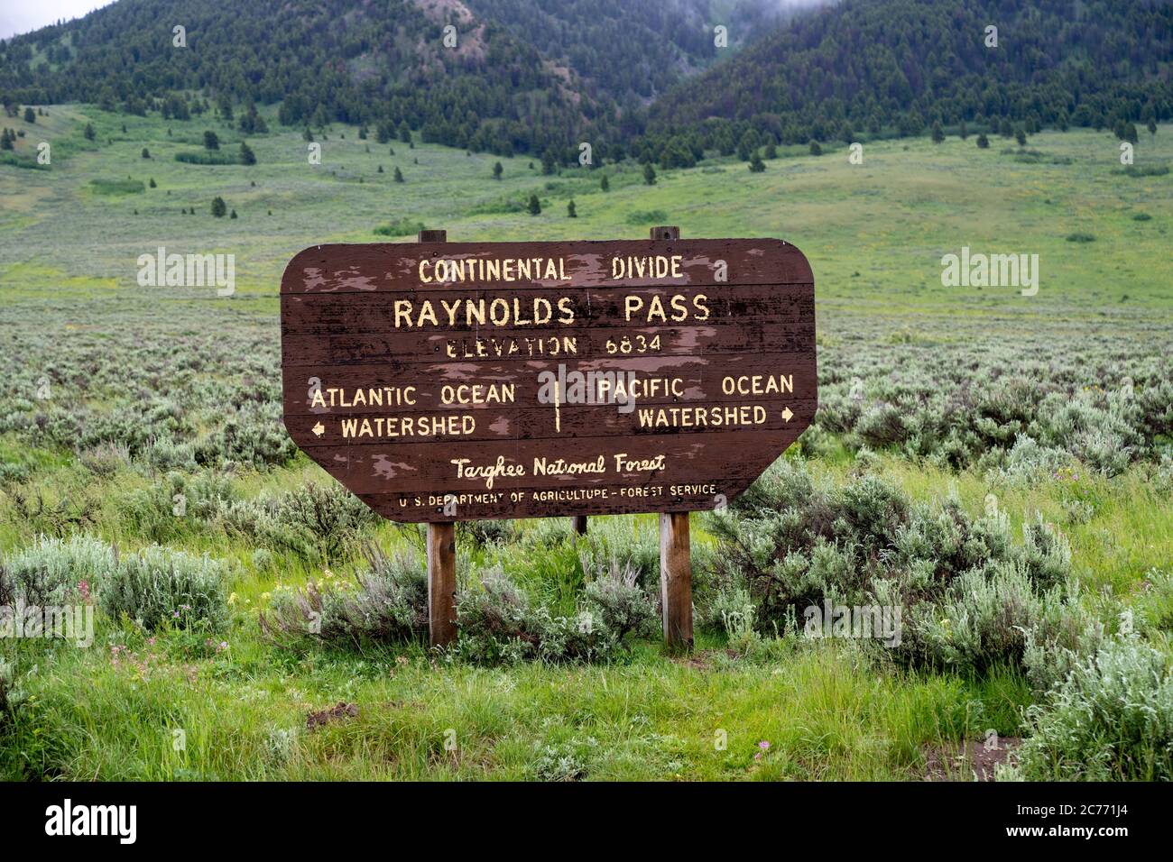 Continental Divide - Raynolds Pass Schild im Targhee National Forest an der Grenze zu Idaho und Montana entlang Highway 87 Stockfoto