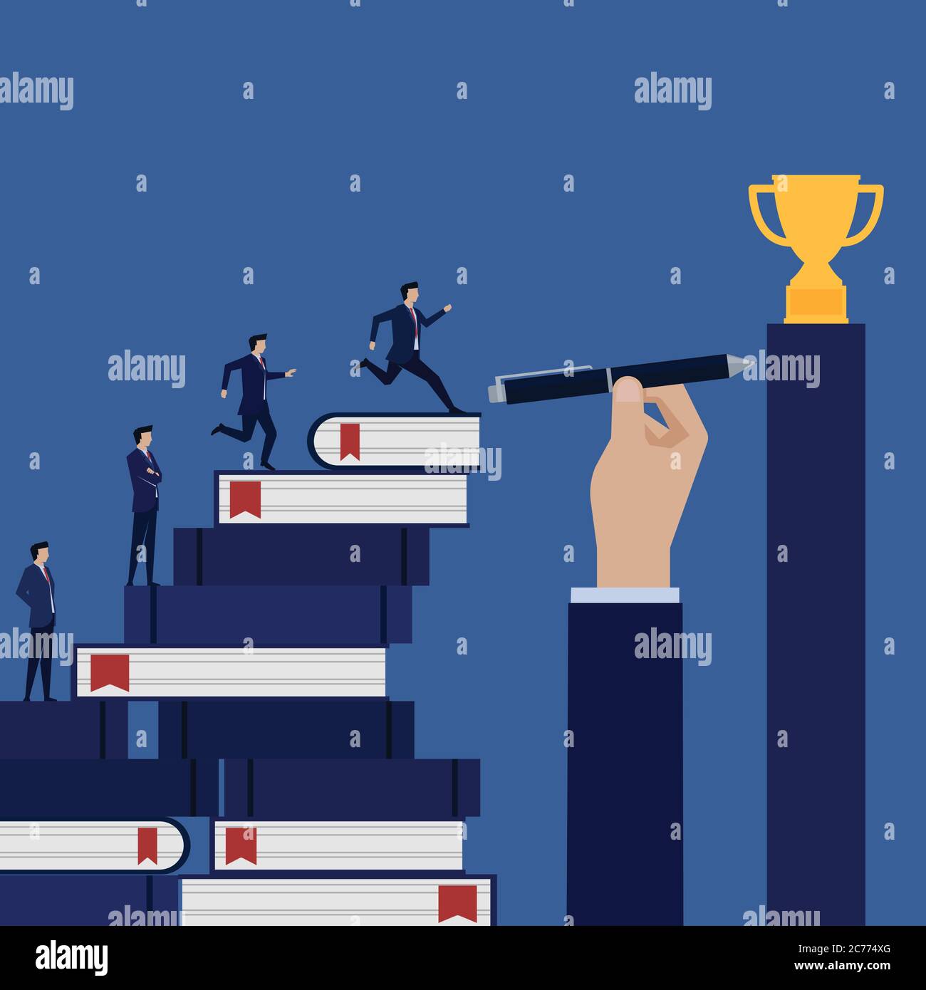 Geschäftsmann laufen vorwärts zu Trophäe durch Buch und Stift geholfen. Wissensmacht. Vorlage Für Die Startseite Des Unternehmens. Stock Vektor