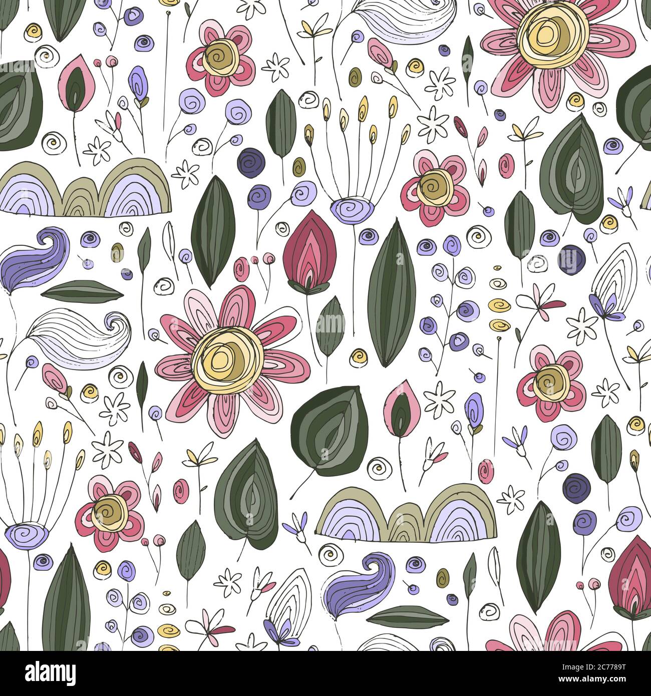 Florales Doodle nahtloses Vektor-Muster. Wild Blume Sommer handgezeichneten Hintergrund mit trendigen Natur abstrakte Skizze Illustration mit Speichern echte Textur. Stock Vektor