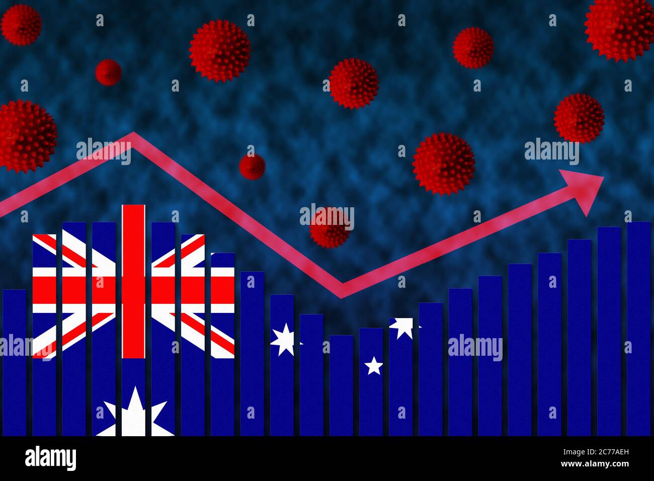 Flagge Australiens auf Balkendiagramm Konzept der COVID-19 Coronavirus-Infektionen mit zweiter Welle nach der ersten Welle, dargestellt durch Grafik und Virussymbole Stockfoto