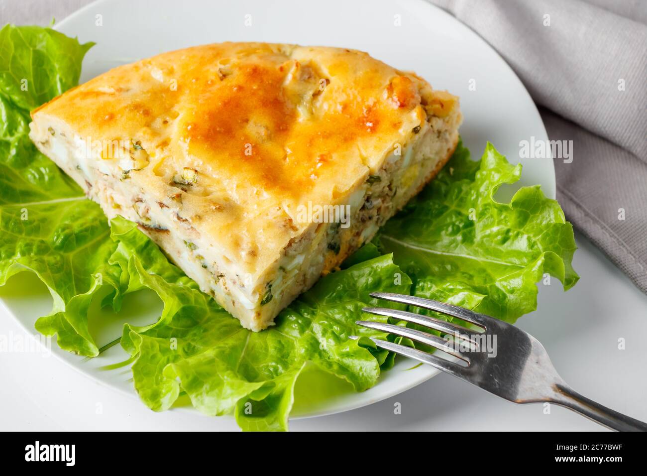 Leckere Fischkuchen auf einem Teller. Ein Stück Kuchen mit Makrele und Grüns auf weißem Hintergrund. Stockfoto