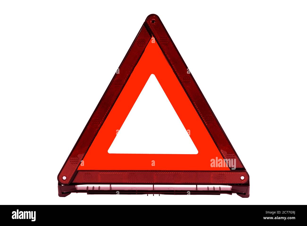 Rotes Dreieck-Schild, Not-aus-Schild, Notwarnschild isolieren auf weißem Hintergrund Stockfoto
