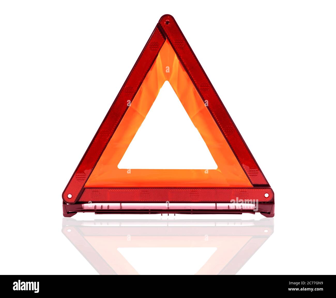 Rotes Dreieck-Schild, Not-aus-Schild, Notwarnschild isolieren auf weißem Hintergrund Stockfoto