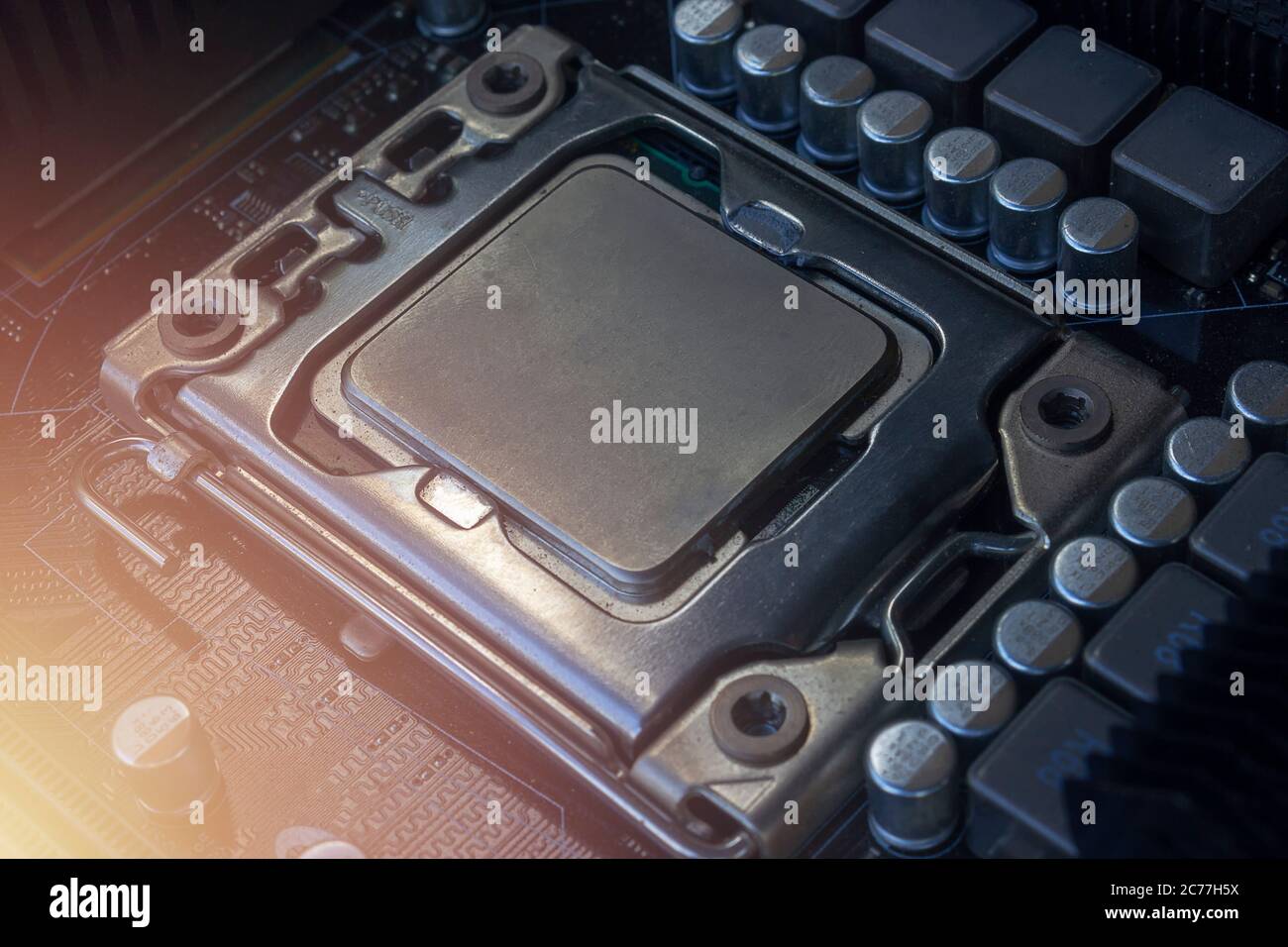 Nahaufnahme cpu-Sockel auf Hauptplatine Computer-PC mit cpu-Prozessor Stockfoto