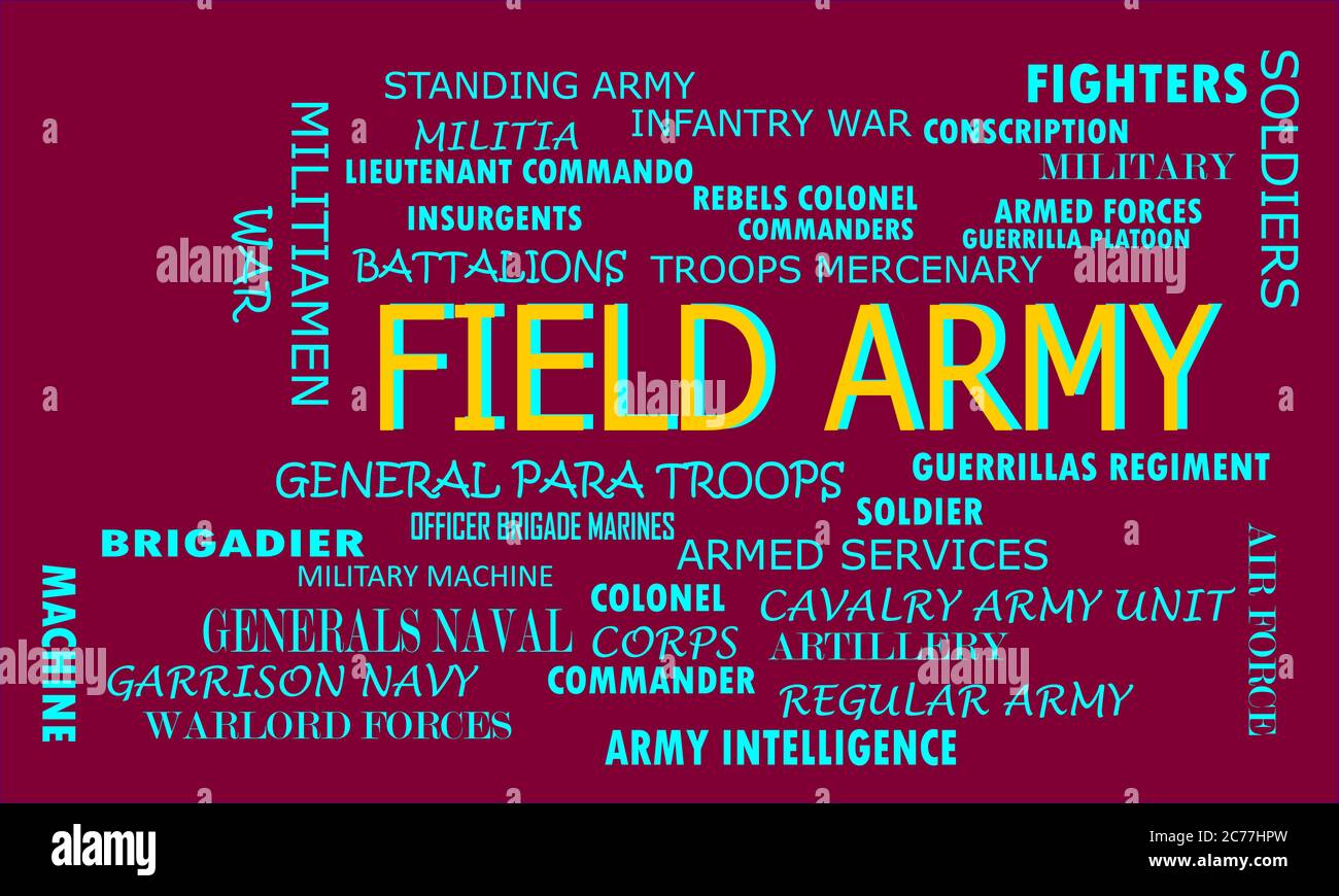 Field Army bezogene Wörter und Post auf bunten Text Wolke Vektor abstrakt präsentiert. Stock Vektor