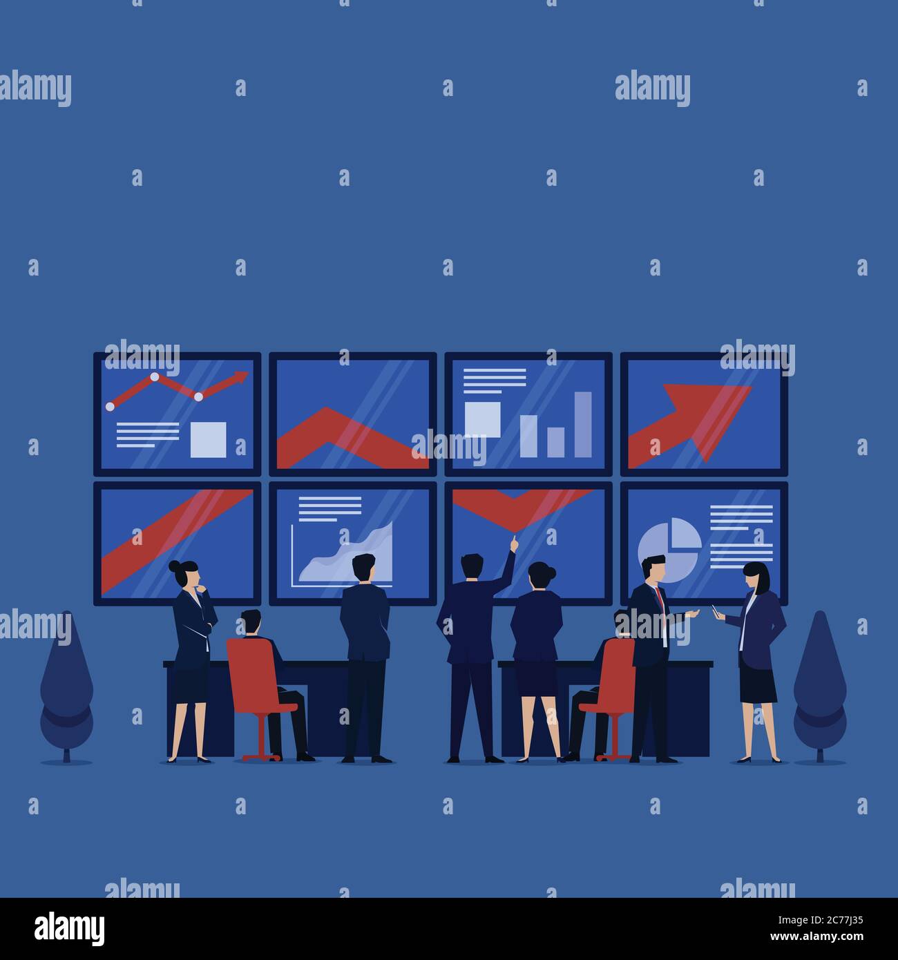Business Flat Vektor-Konzept-Team lernen aus Infografik und Bericht. Stock Vektor