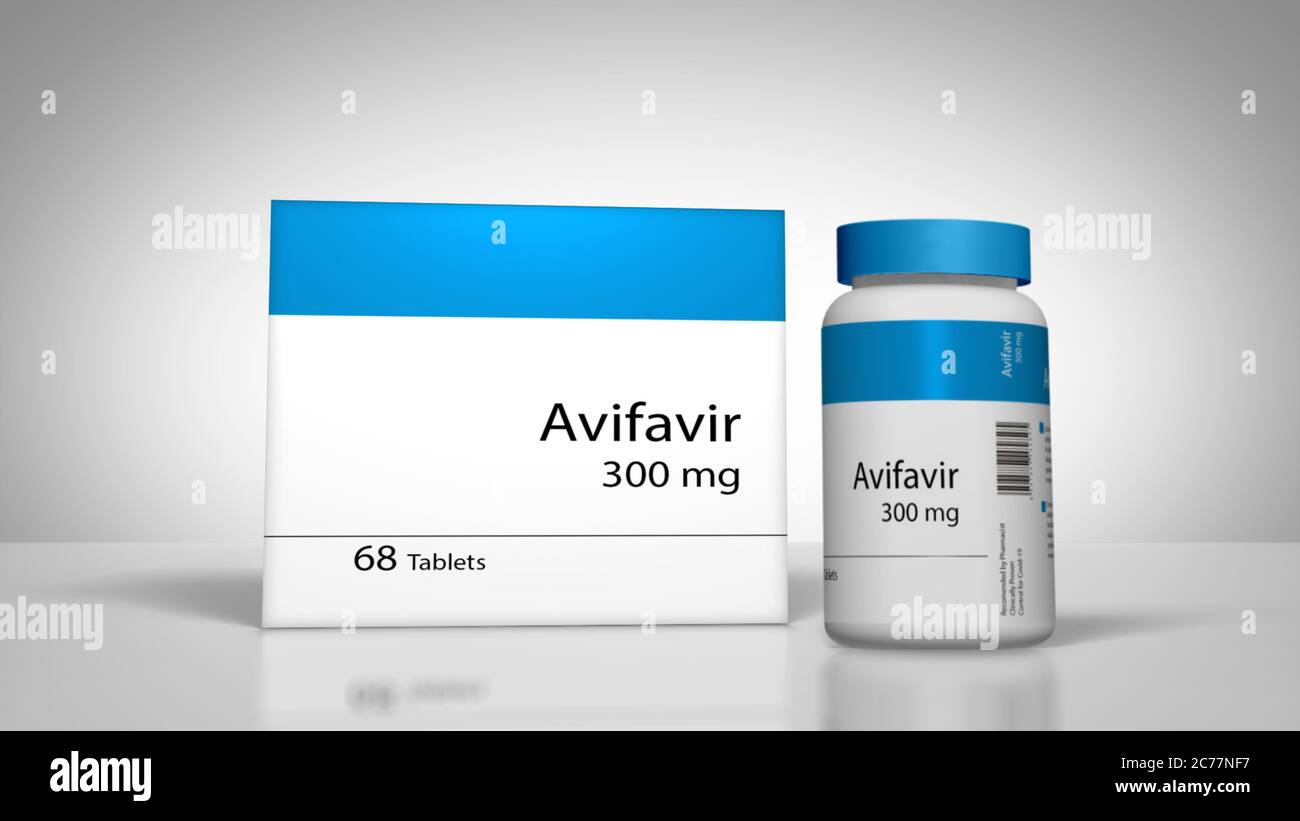 Avifavir-Box mit Tabletten und Flasche Behandlung für Covid 19, Coronavirus auf weißem Hintergrund Stockfoto