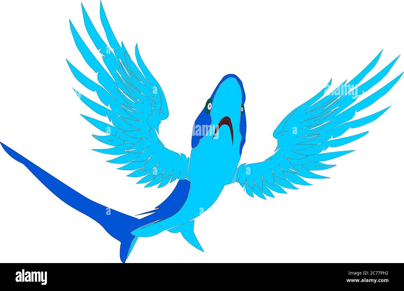 Eine blaue Farbe fliegenden Hai Fisch mit offenen Flügeln auf weißem Hintergrund Vektor Cartoon Kreatur. Stock Vektor