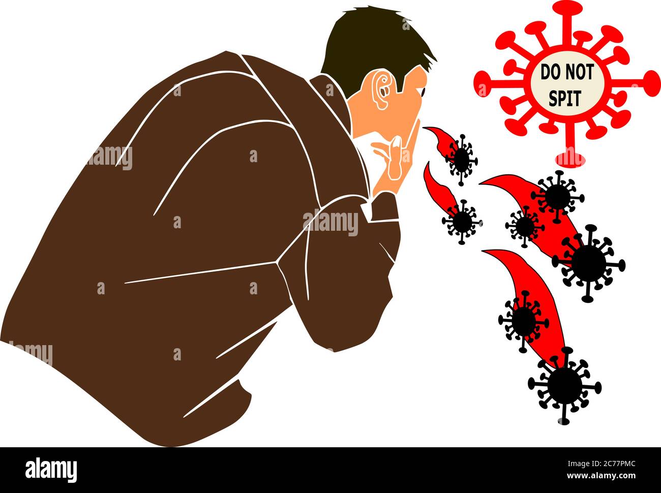 Ein Mann in braunem Hemd spuckt Coronavirus Bakterien an der Wand ein Cartoon-Vektor mit infizierten Bakterien, auf nicht spucken Schild. Stock Vektor