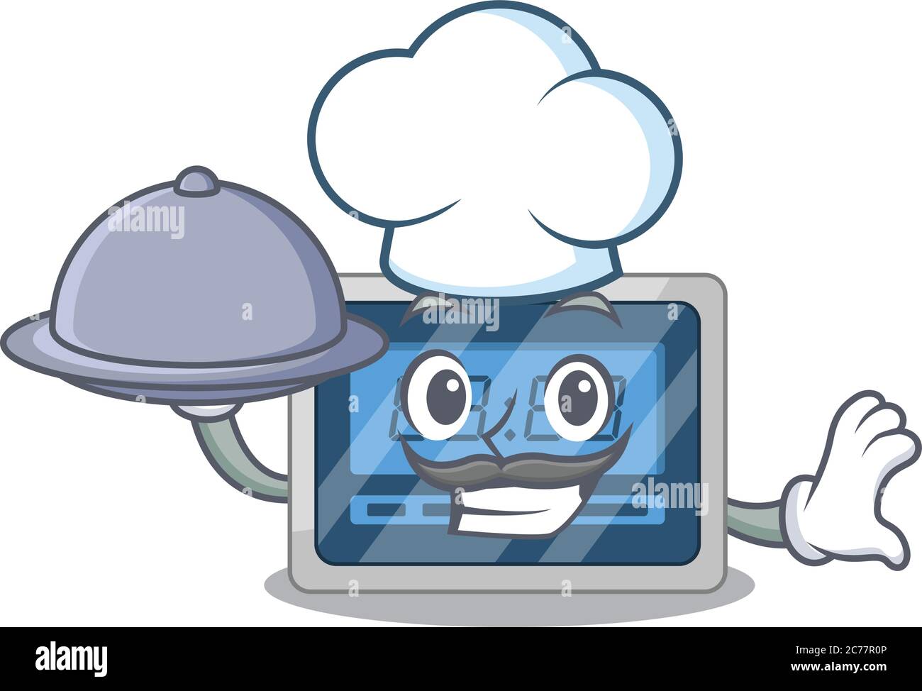 Maskottchen Design von digitalen Zeitkoch serviert Essen auf Tablett Stock Vektor