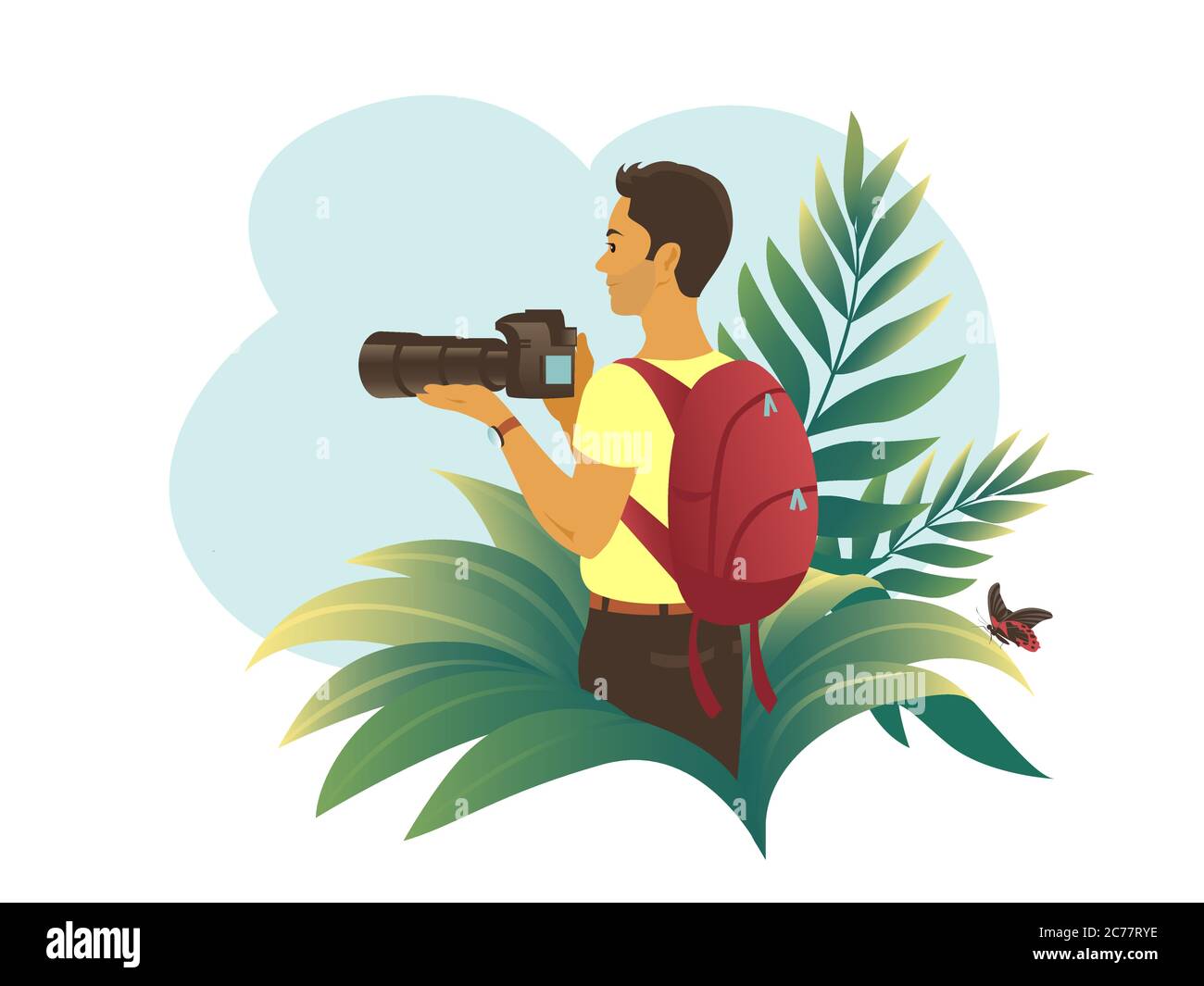 Männlicher Tourist, der eine Kamera in einem tropischen Unterholz hält. Stock Vektor