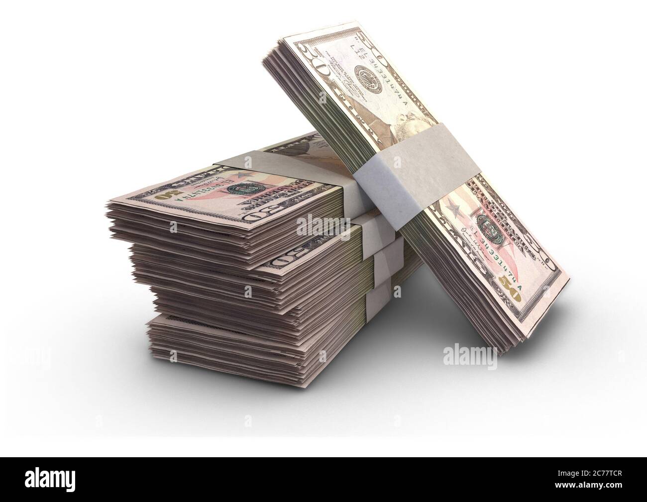 Ein Stapel gebündelter US-Dollar-Banknoten auf einem isolierten Hintergrund - 3D-Rendering Stockfoto