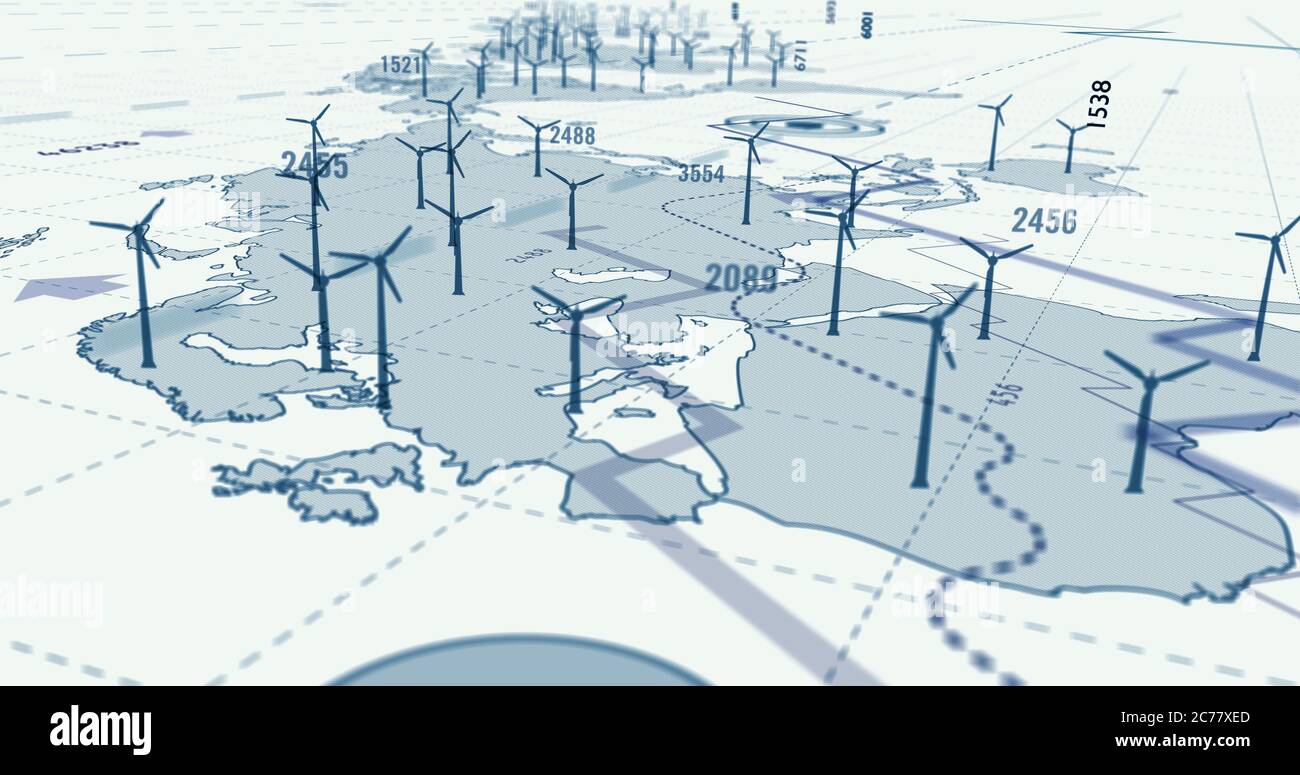 Elektrische Windenergieanlage. Ökologische Energieerzeugung, erneuerbare grüne Energie, Klimaerwärmung und planetsicheres Kartenkonzept mit Weltkarte im Hintergrund Stockfoto