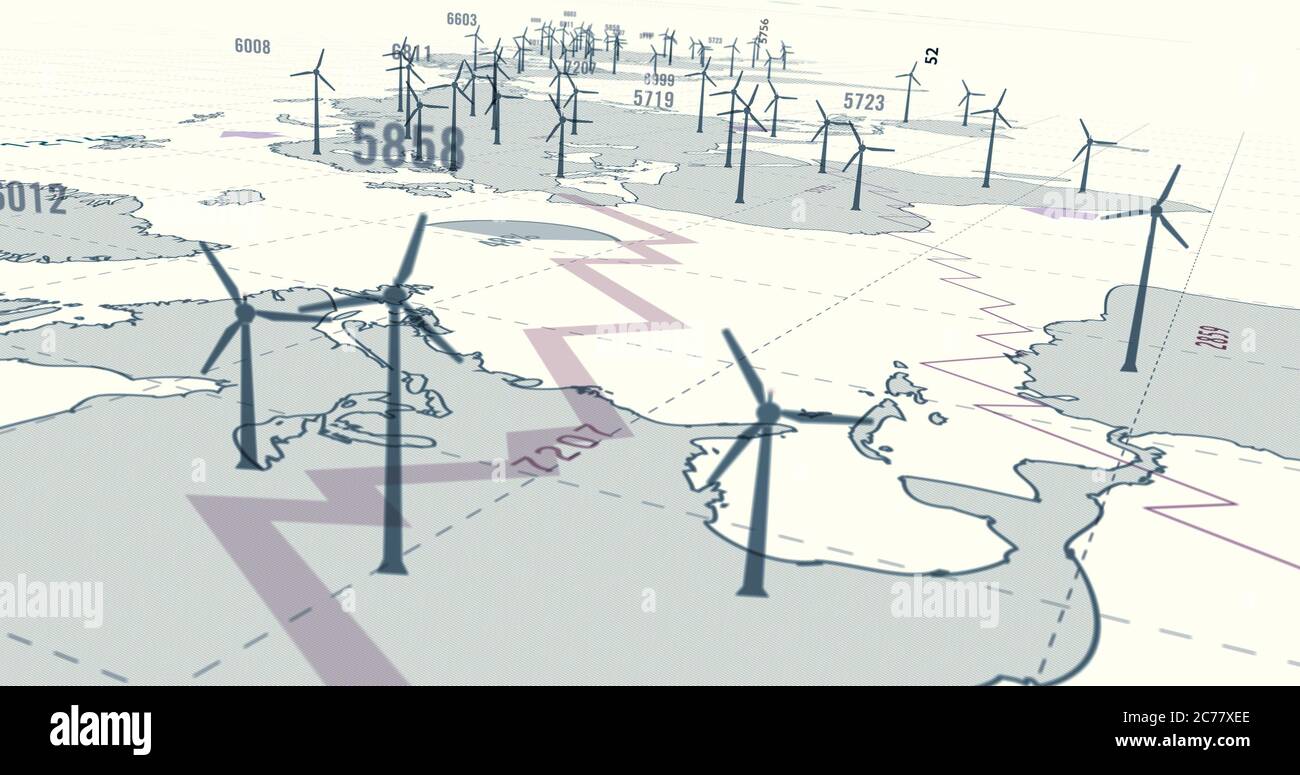 Elektrische Windenergieanlage. Ökologische Energieerzeugung, erneuerbare grüne Energie, Klimaerwärmung und planetsicheres Kartenkonzept mit Weltkarte im Hintergrund Stockfoto
