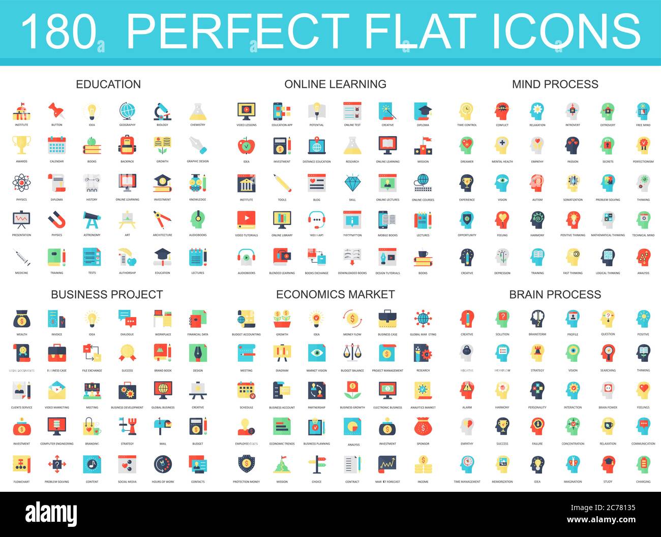 180 Moderne flache Icon-Set von Bildung, Online-Lernen, Gehirn Geist Prozess, Business-Projekt, Wirtschaft Markt-Icons Stock Vektor