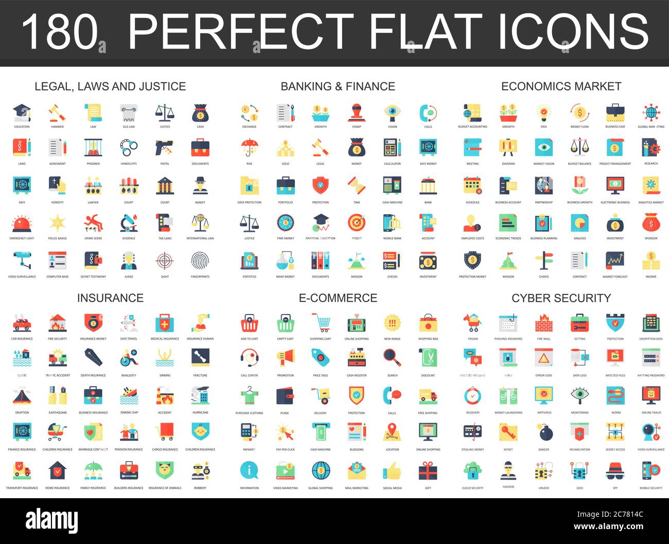 180 Moderne flache Icon-Set von Recht Gerechtigkeit, Bankfinanzierung, Wirtschaft Markt, Versicherung, E-Commerce, Cyber-Sicherheit Symbole Stock Vektor