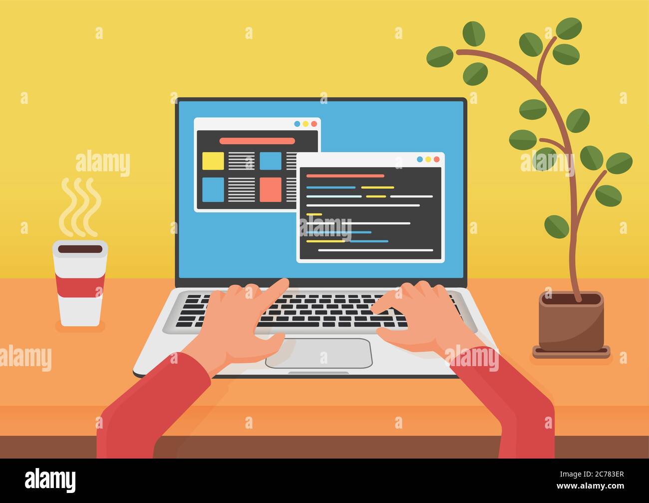 Programmierung, Programmierung Web-Entwicklung Konzept. Programmierer Coder Hände mit Laptop. Code auf dem Lapto-Bildschirm . Flache Vektorgrafik Stock Vektor
