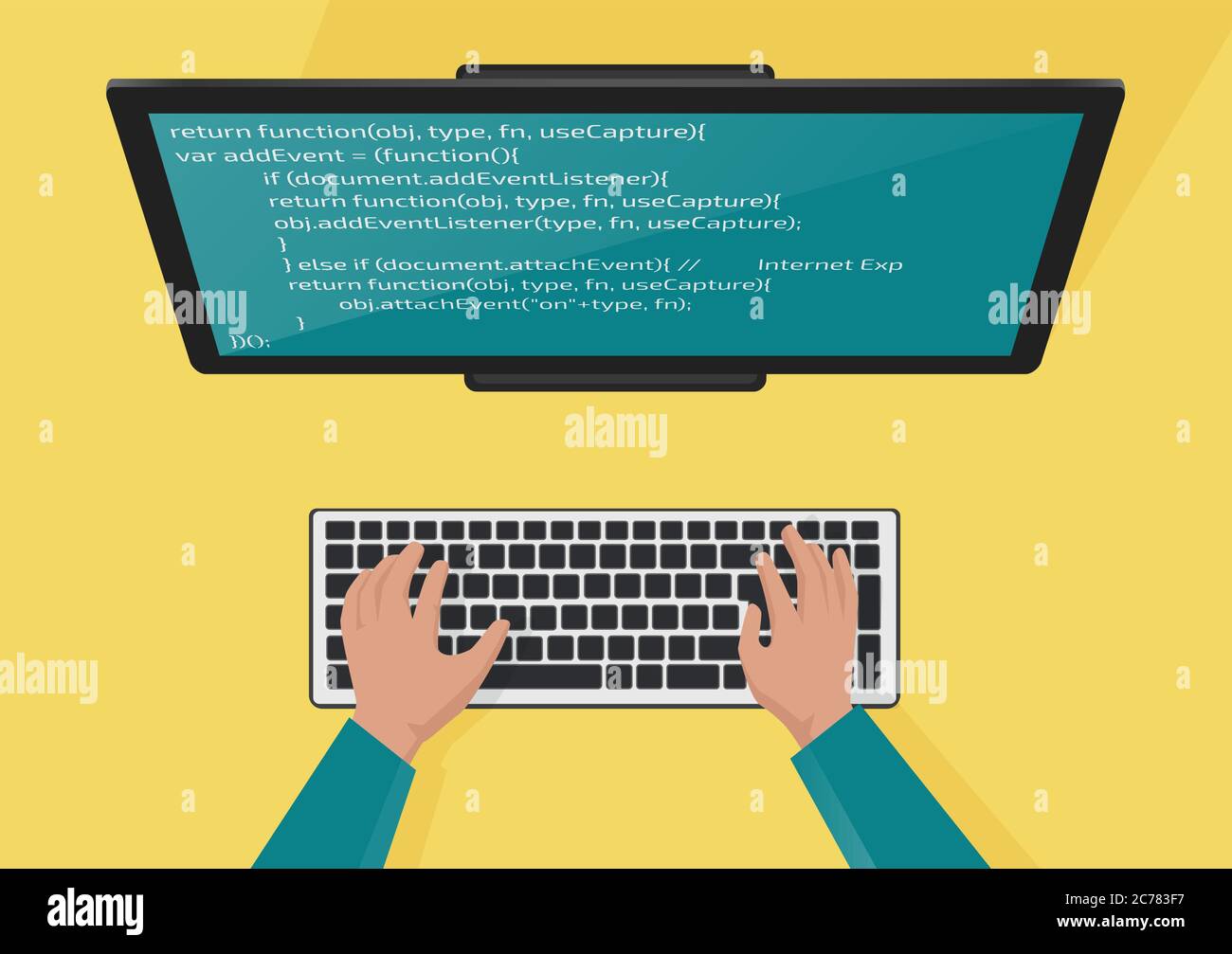 Programmierung, Web-Entwicklung Konzept. Programmierer Hände auf der Tastatur. Code auf dem Bildschirm. Flache Vektorgrafik Stock Vektor