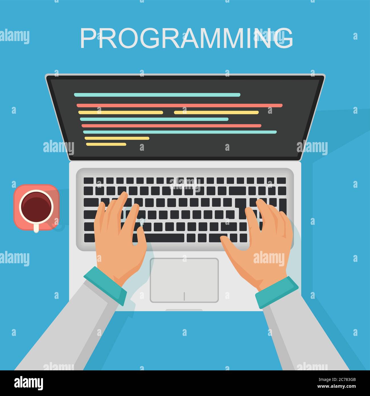 Vector Programmierung, Codierung Web-Entwicklung Konzept. Programmierer Draufsicht mit Bildschirmcode Stock Vektor