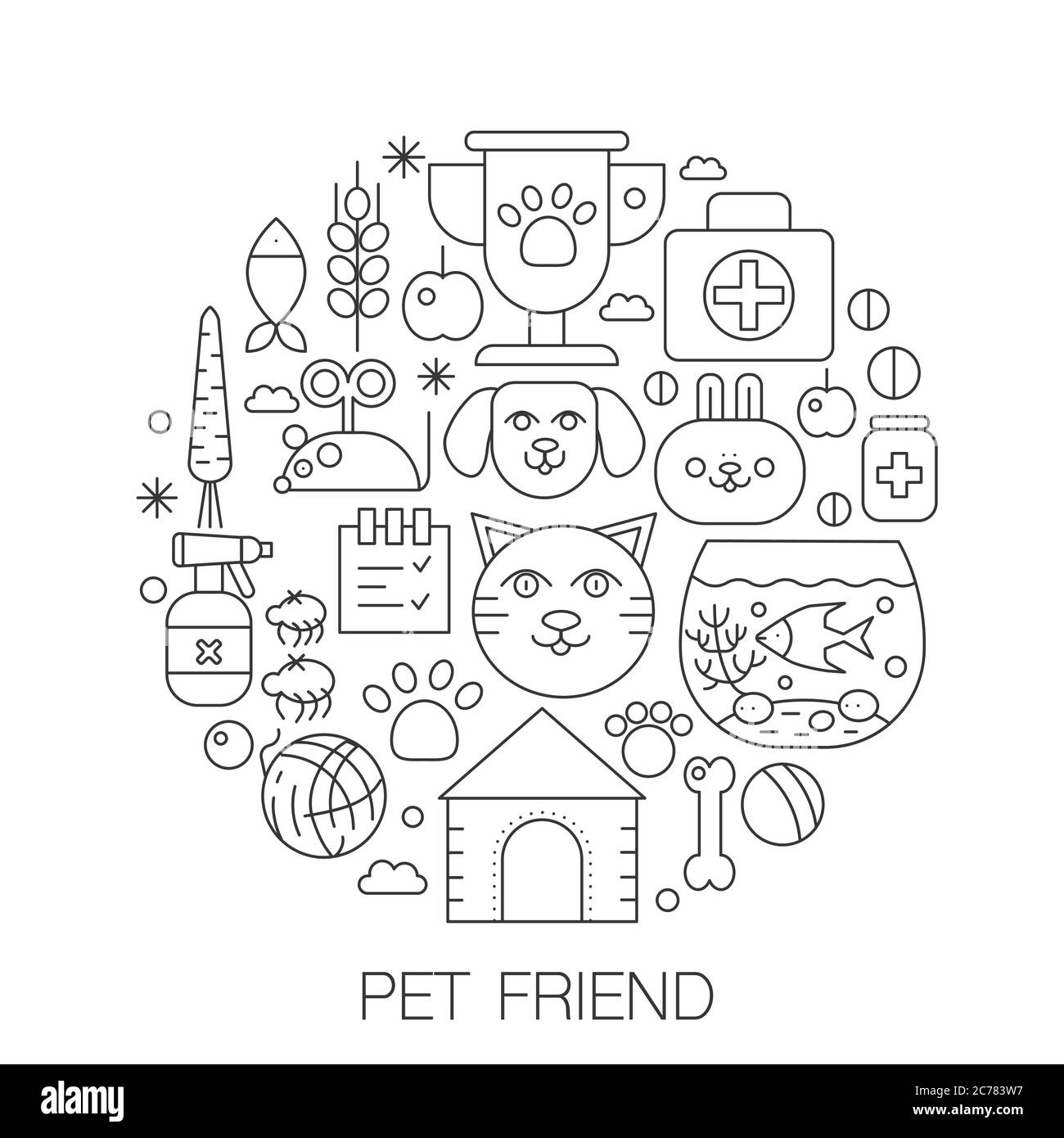 PET Freund im Kreis - Konzept Liniendarstellung für Deckel, Emblem, Abzeichen. Symbole für dünne Linien von Haustieren. Stock Vektor